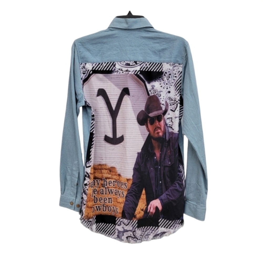 Art Walk blue cowboy western blouse size S Cole Houser Bellisima Design blue *
